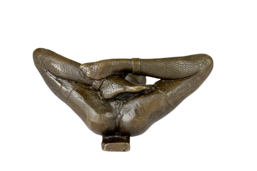 Erotic bronze sculpture of a blindfolded female chained to a pole