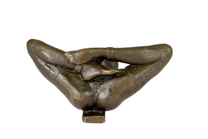 Erotic bronze sculpture of a blindfolded female chained to a pole