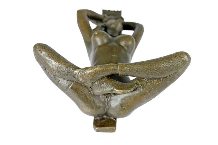Erotic bronze sculpture of a blindfolded female chained to a pole