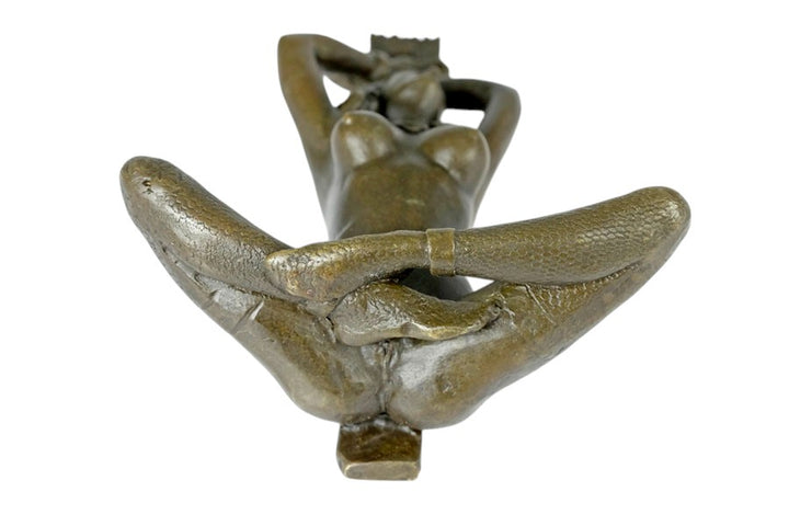 Erotic bronze sculpture of a blindfolded female chained to a pole