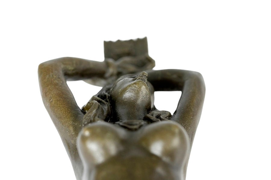 Erotic bronze sculpture of a blindfolded female chained to a pole