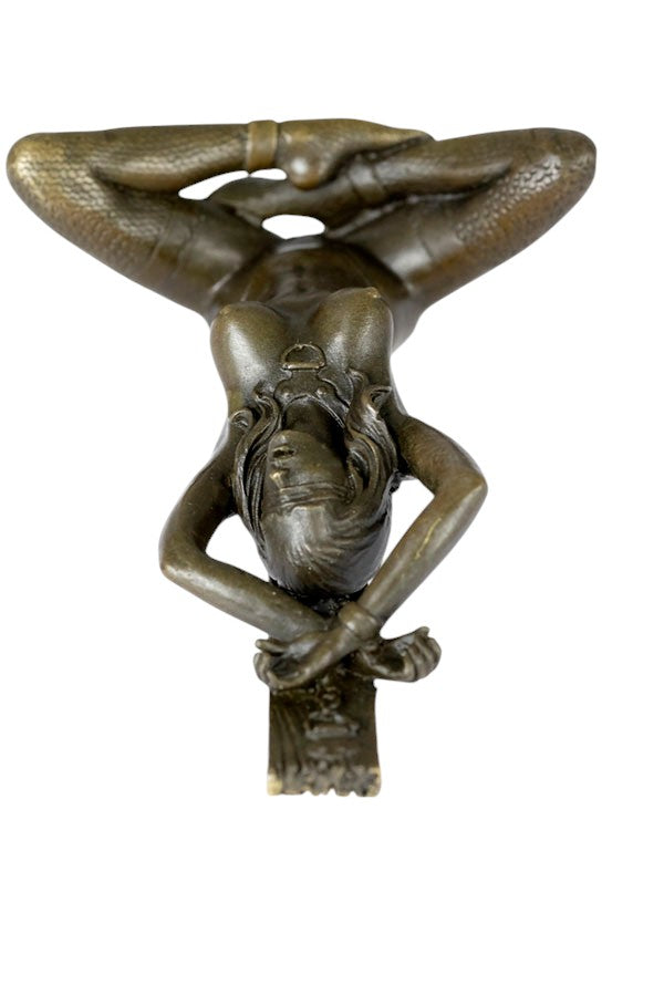 Erotic bronze sculpture of a blindfolded female chained to a pole