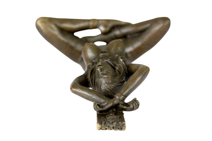 Erotic bronze sculpture of a blindfolded female chained to a pole
