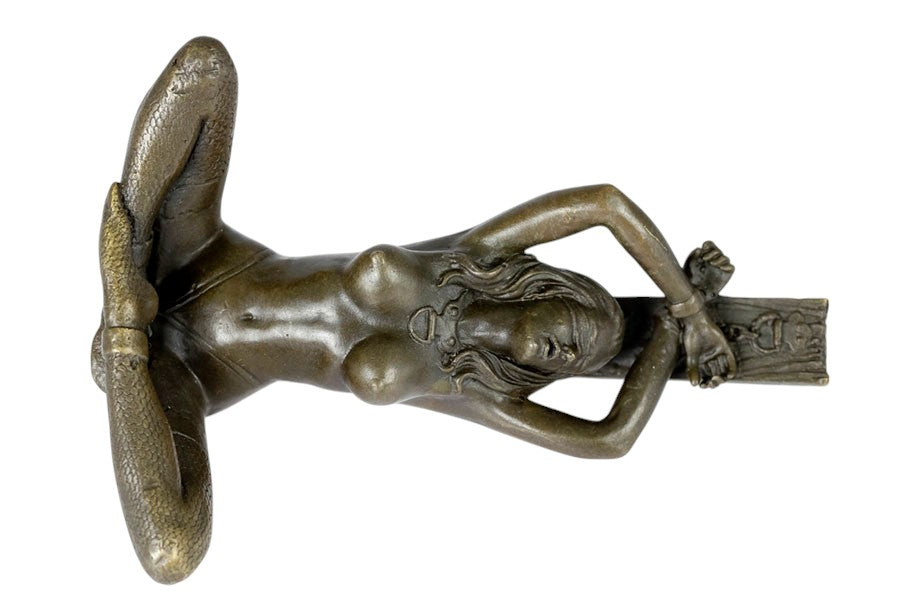 Erotic bronze sculpture of a blindfolded female chained to a pole