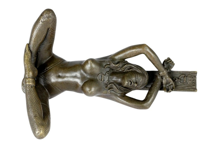 Erotic bronze sculpture of a blindfolded female chained to a pole