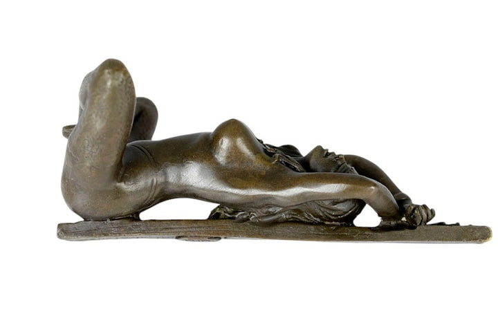 Erotic bronze sculpture of a blindfolded female chained to a pole