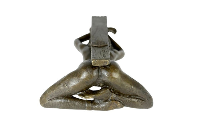 Erotic bronze sculpture of a blindfolded female chained to a pole