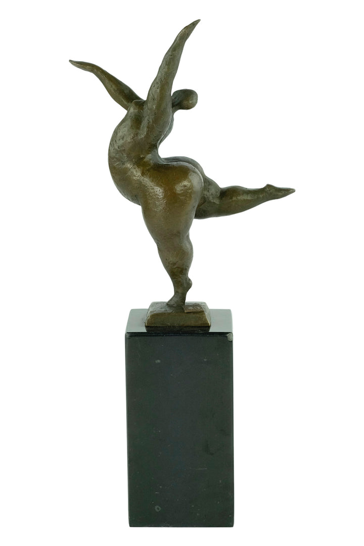 Bronze sculpture of a voluptuous female nude dancing freely