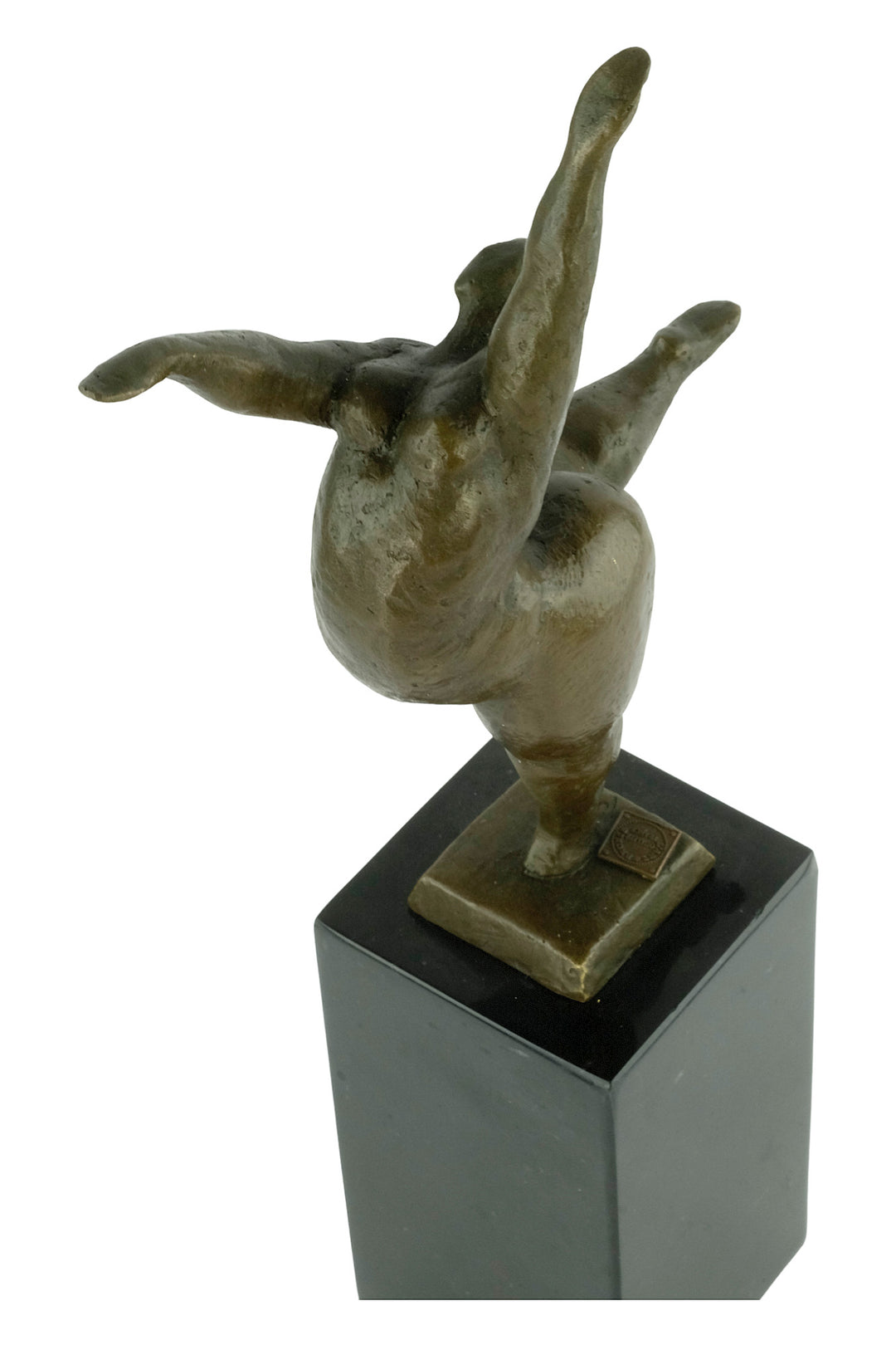 Bronze sculpture of a voluptuous female nude dancing freely
