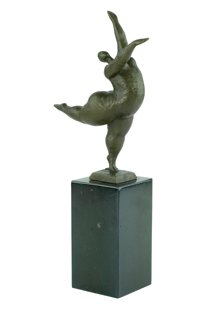 Bronze sculpture of a voluptuous female nude dancing freely