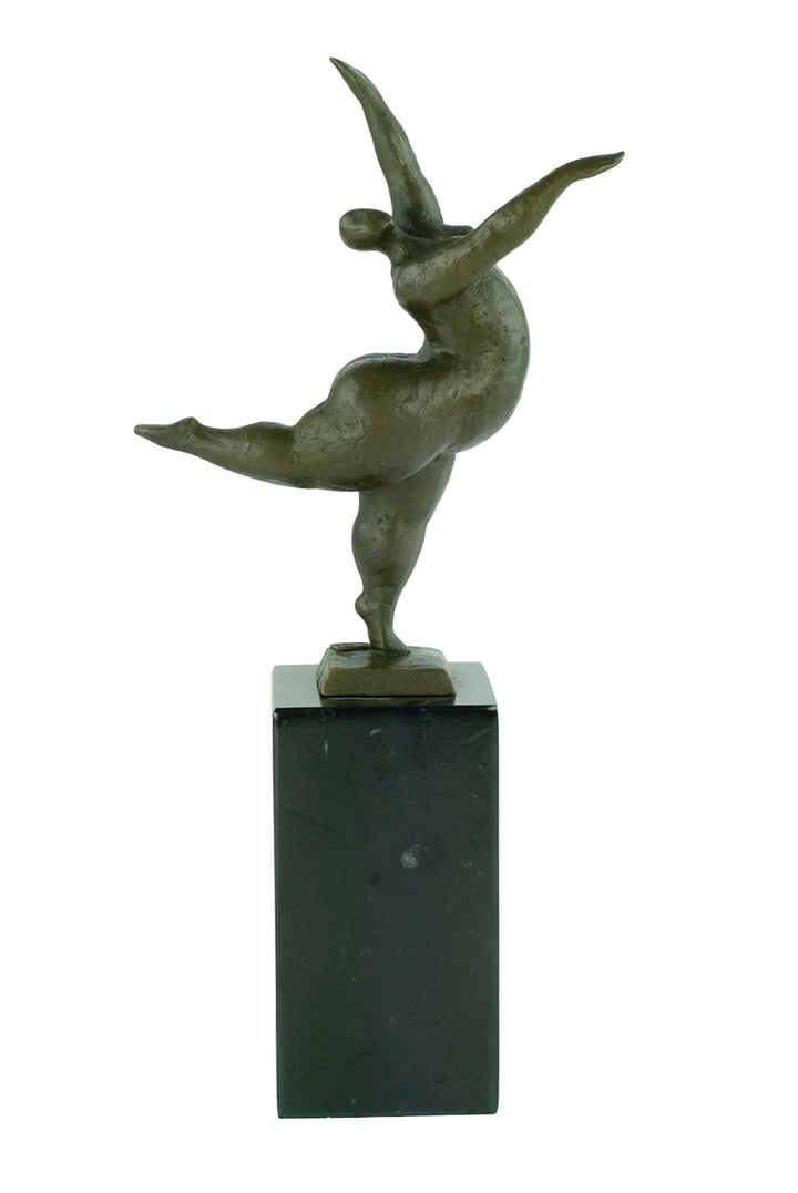Bronze sculpture of a voluptuous female nude dancing freely