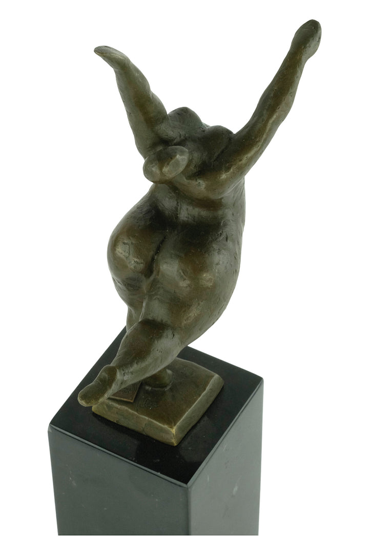 Bronze sculpture of a voluptuous female nude dancing freely