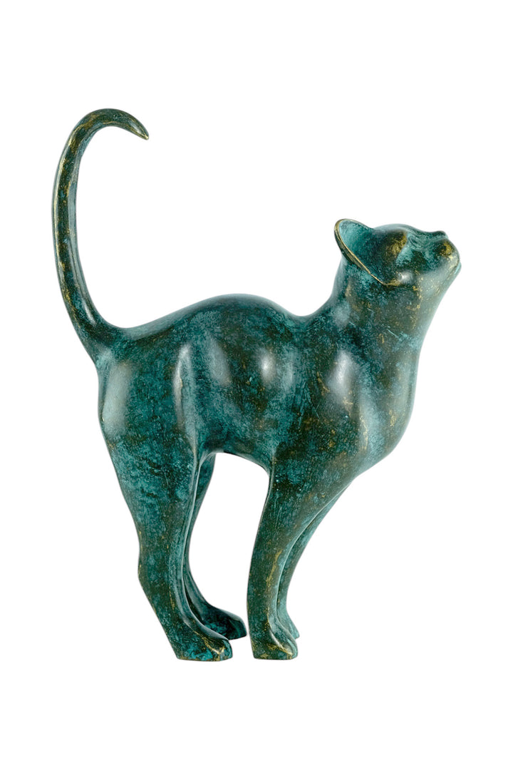 Bronze sculpture of a cat with lifted tail