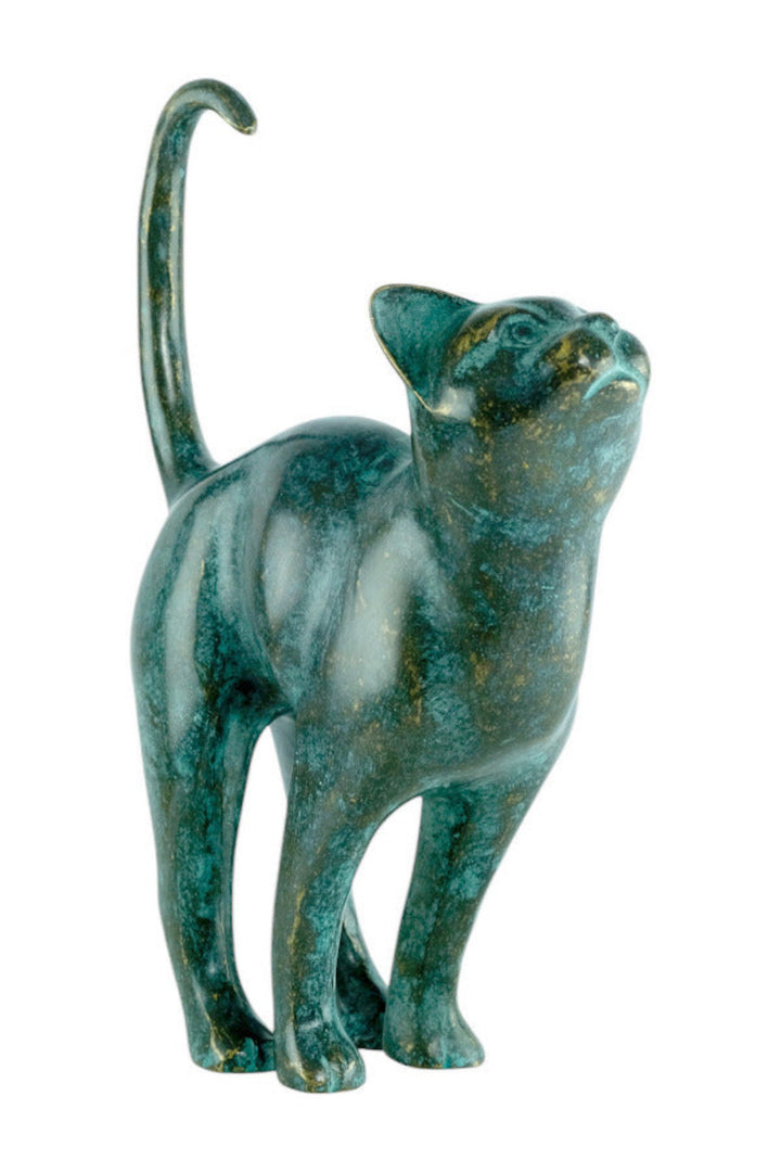 Bronze sculpture of a cat with lifted tail