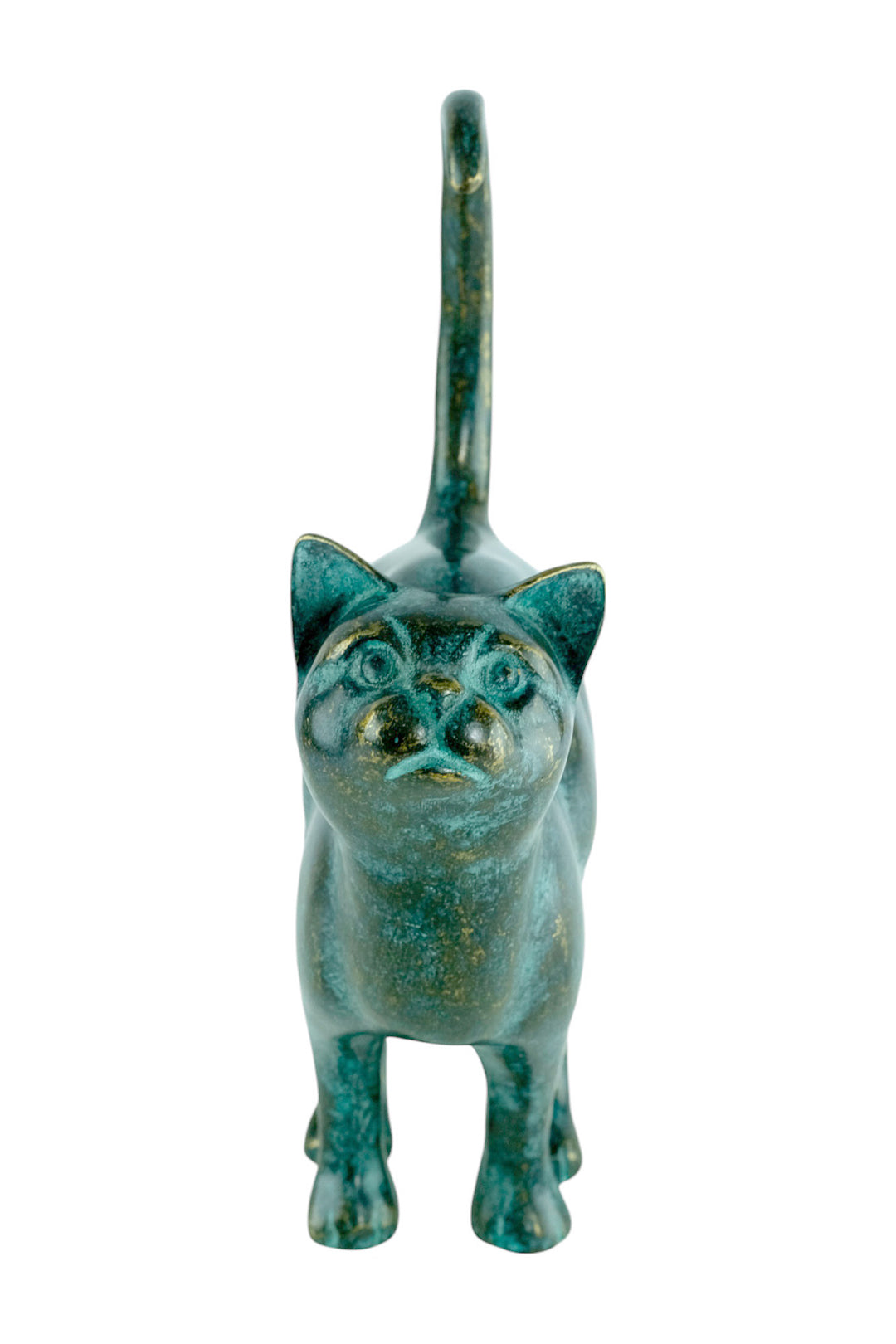 Bronze sculpture of a cat with lifted tail