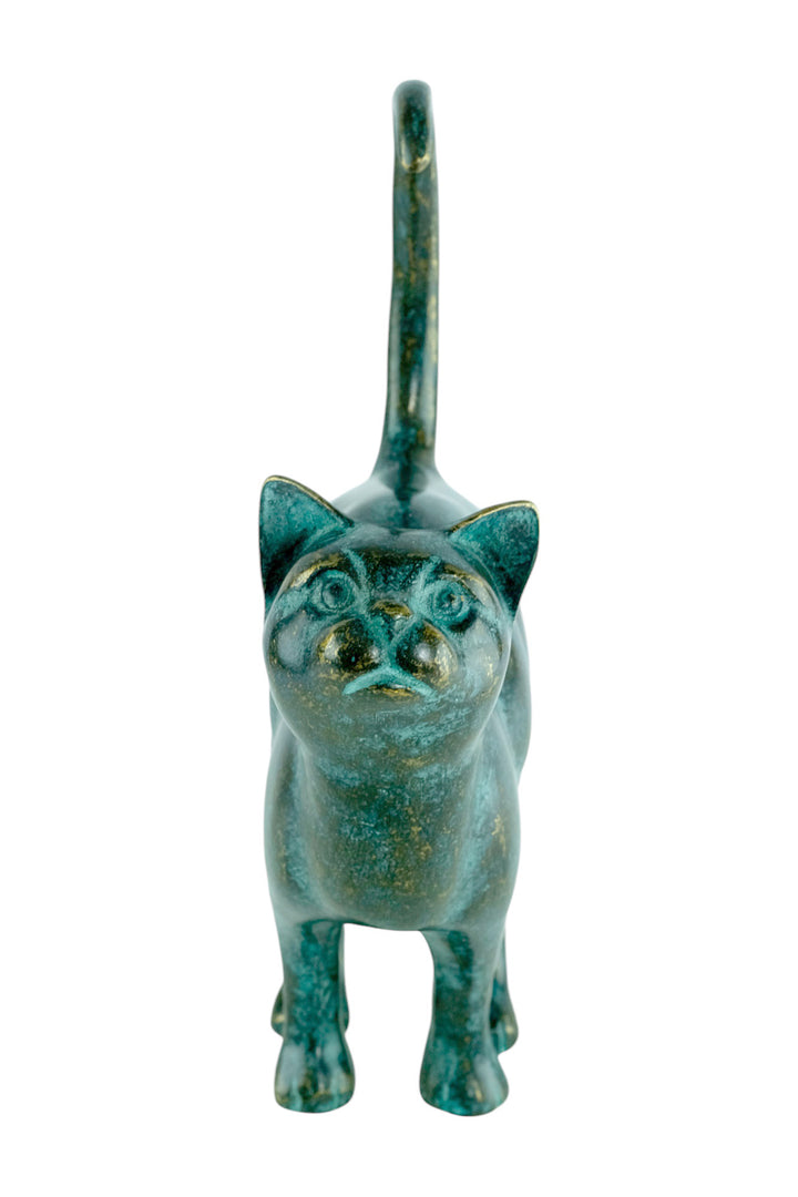 Bronze sculpture of a cat with lifted tail