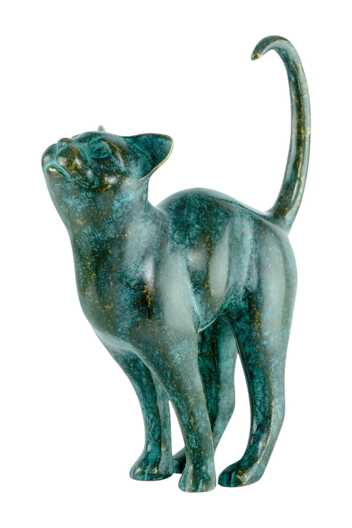 Bronze sculpture of a cat with lifted tail