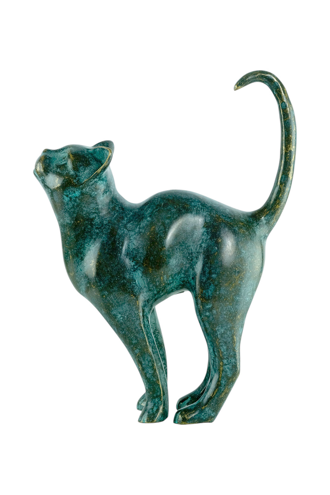 Bronze sculpture of a cat with lifted tail