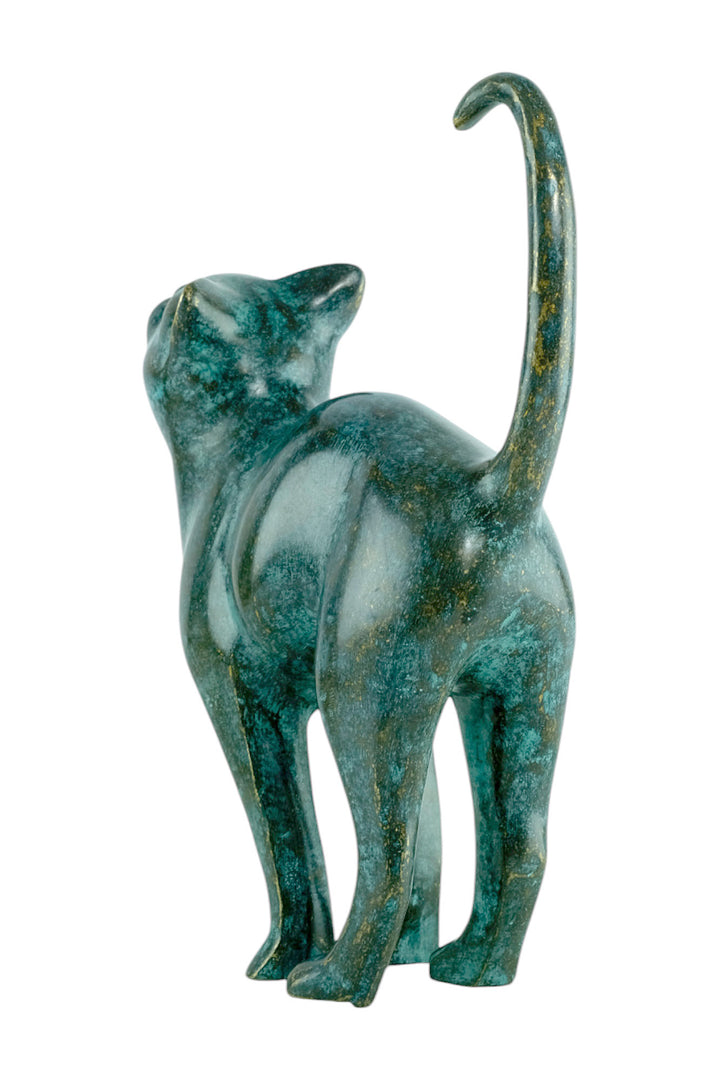 Bronze sculpture of a cat with lifted tail