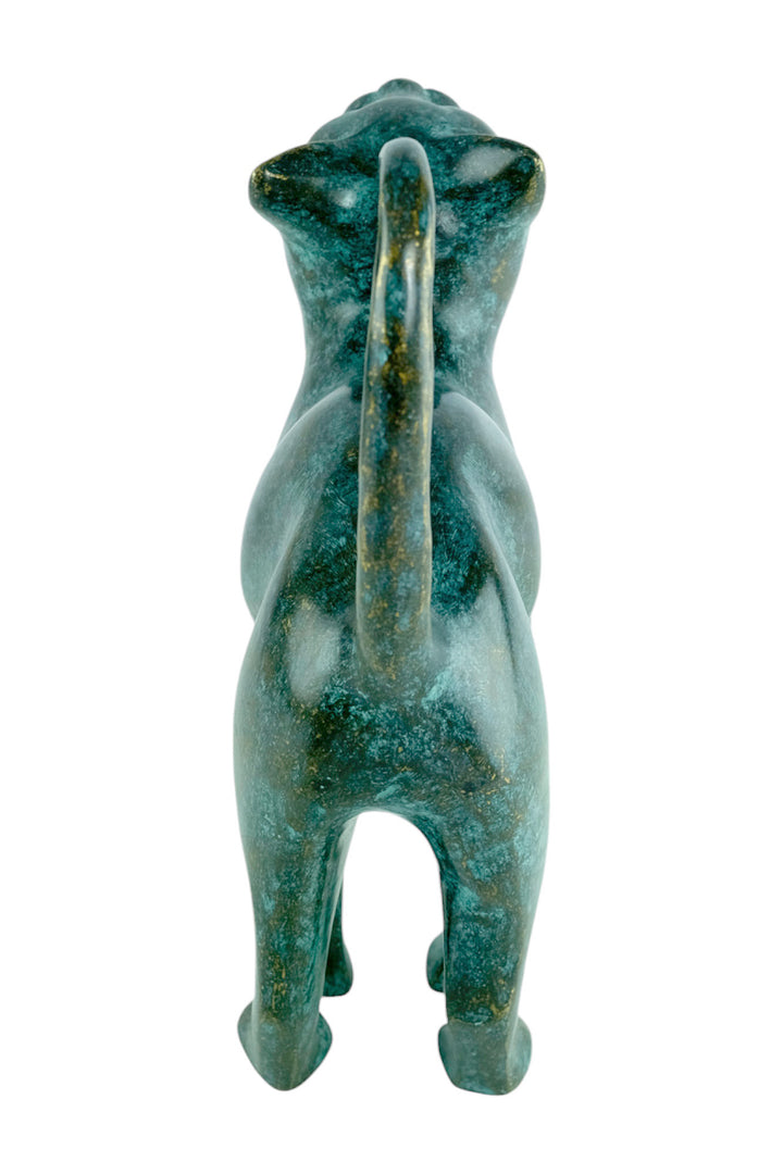 Bronze sculpture of a cat with lifted tail
