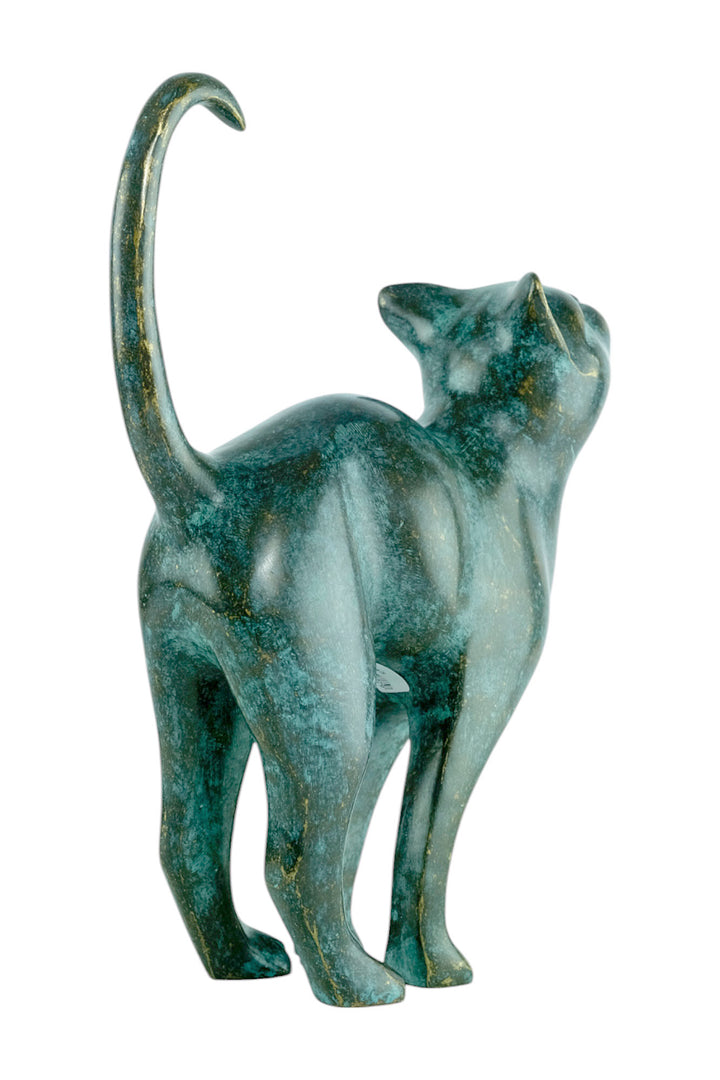Bronze sculpture of a cat with lifted tail