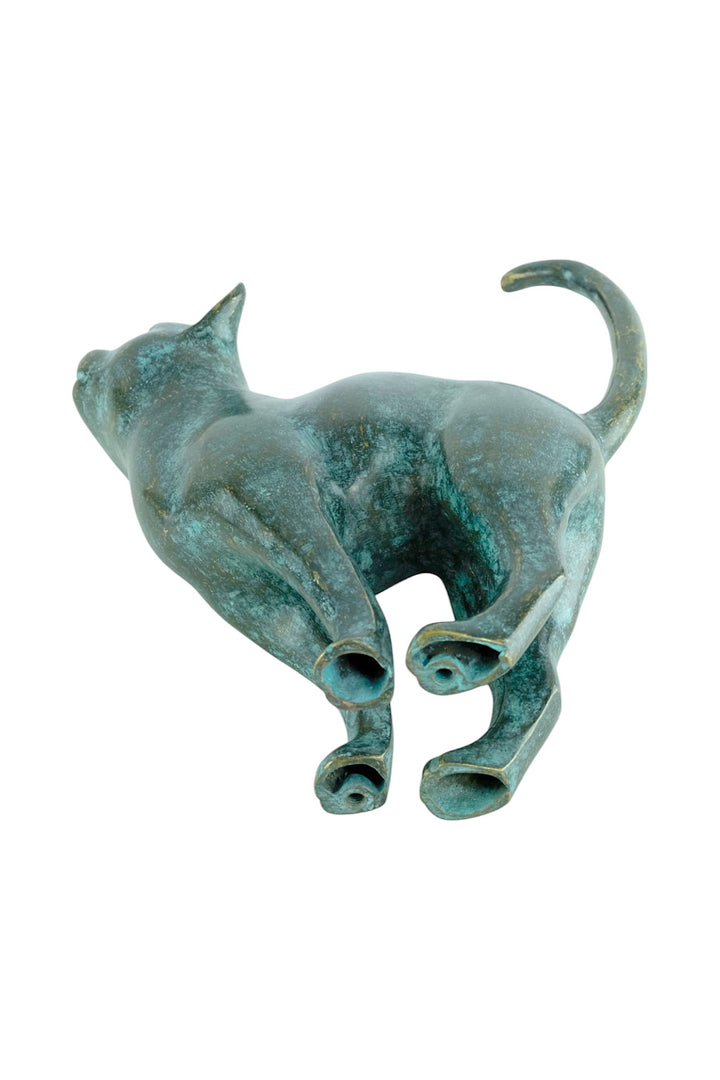 Bronze sculpture of a cat with lifted tail
