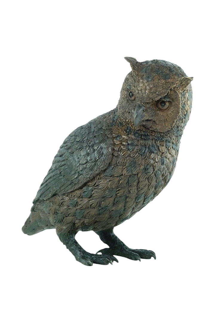 Bronze sculpture of a standing owl