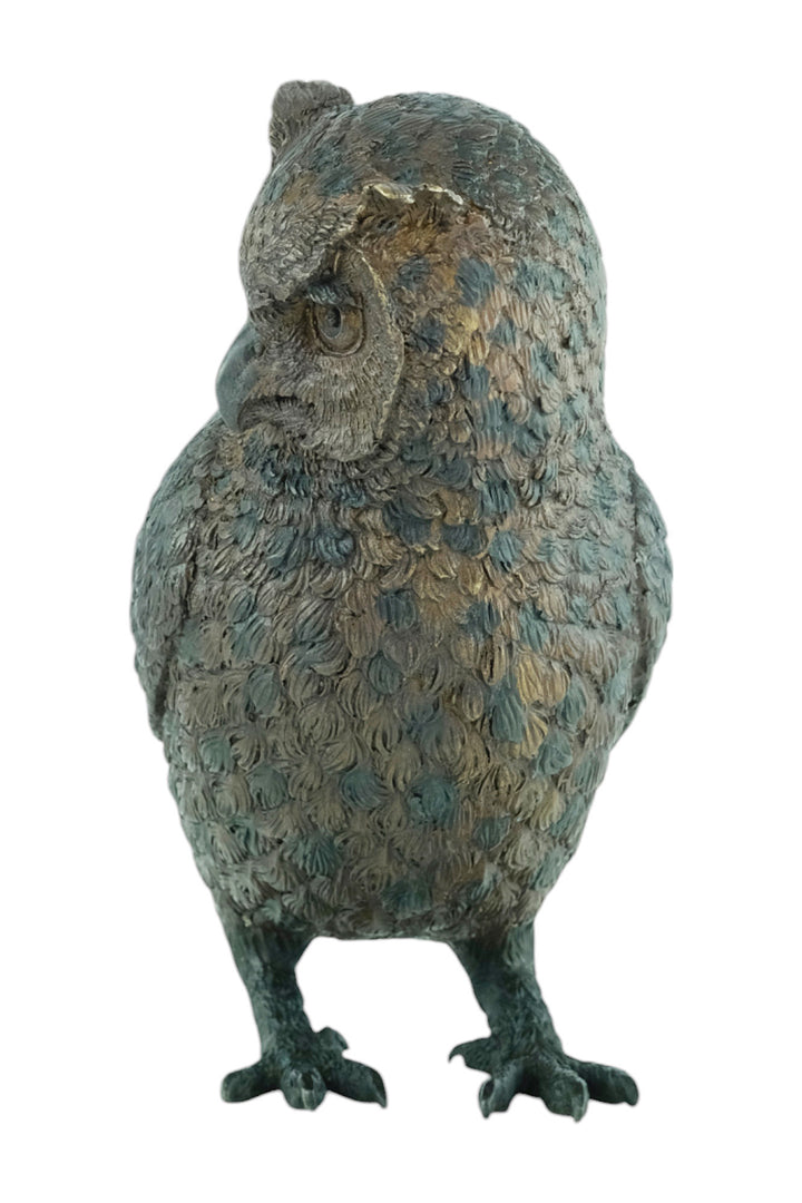 Bronze sculpture of a standing owl