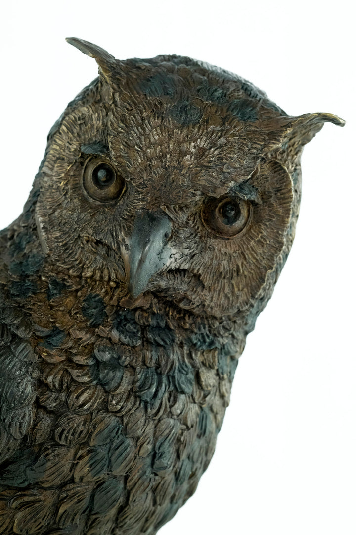 Bronze sculpture of a standing owl