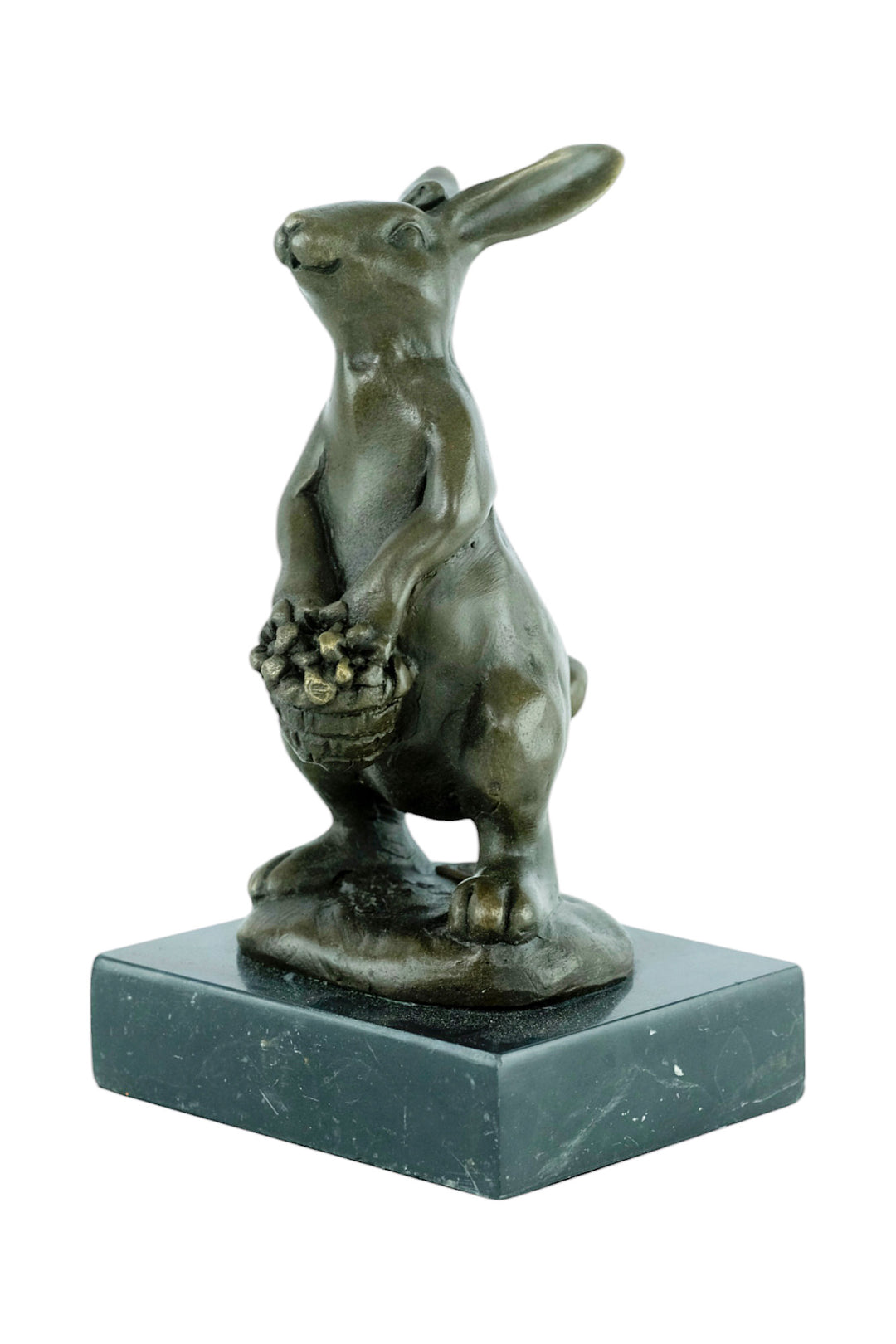 Bronze sculpture of a bunny with a flower basket