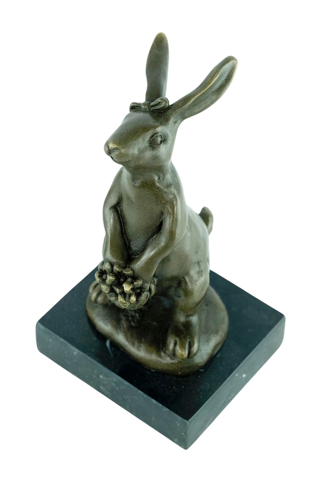 Bronze sculpture of a bunny with a flower basket