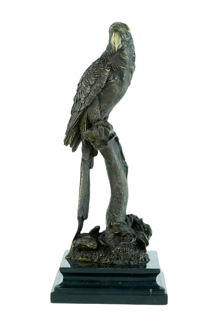 Bronze sculpture of a parrot sitting on a branch