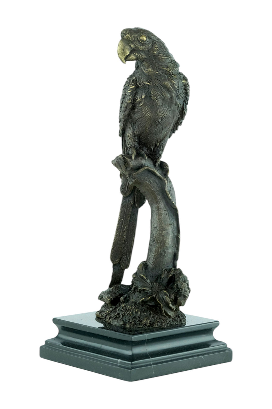 Bronze sculpture of a parrot sitting on a branch