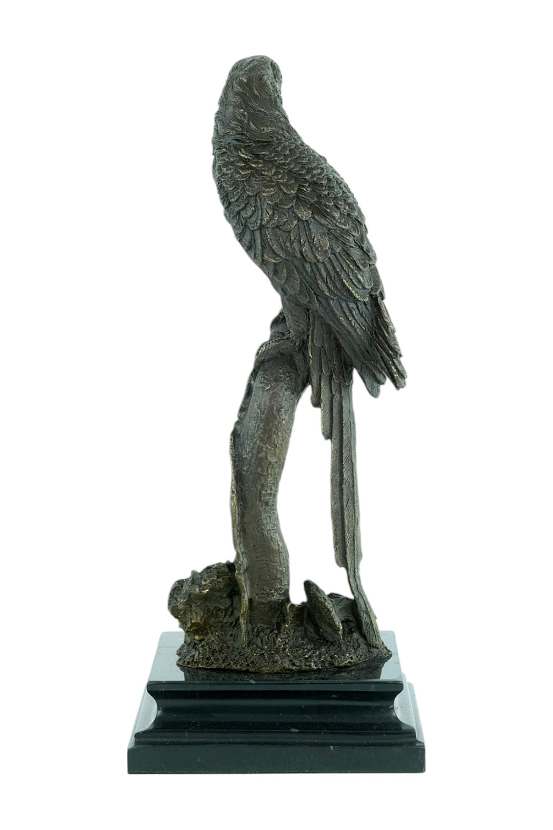 Bronze sculpture of a parrot sitting on a branch