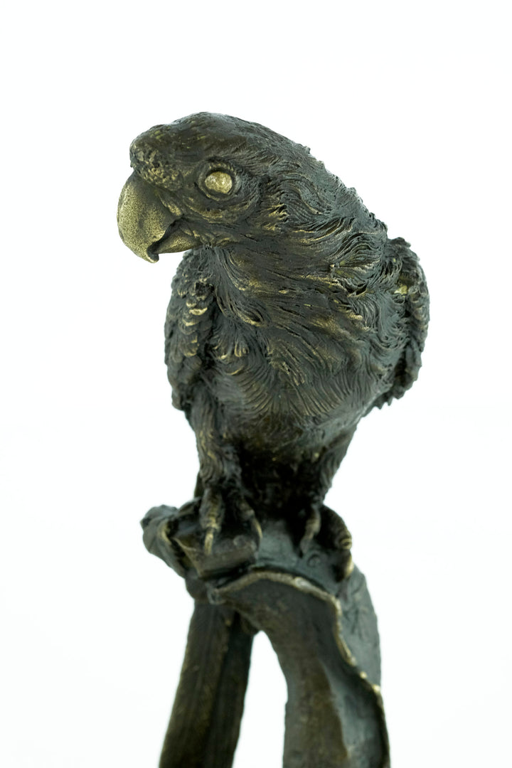 Bronze sculpture of a parrot sitting on a branch