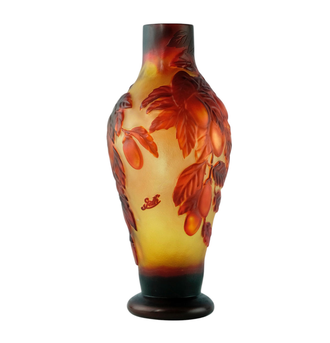 Cameo glass vase with prune decoration