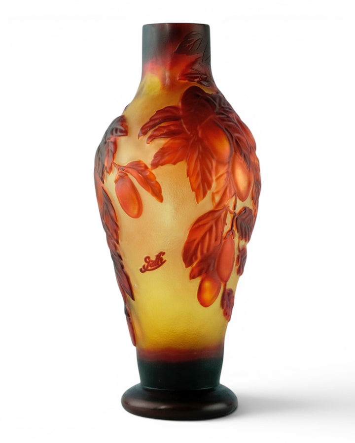 Cameo glass vase with prune decoration