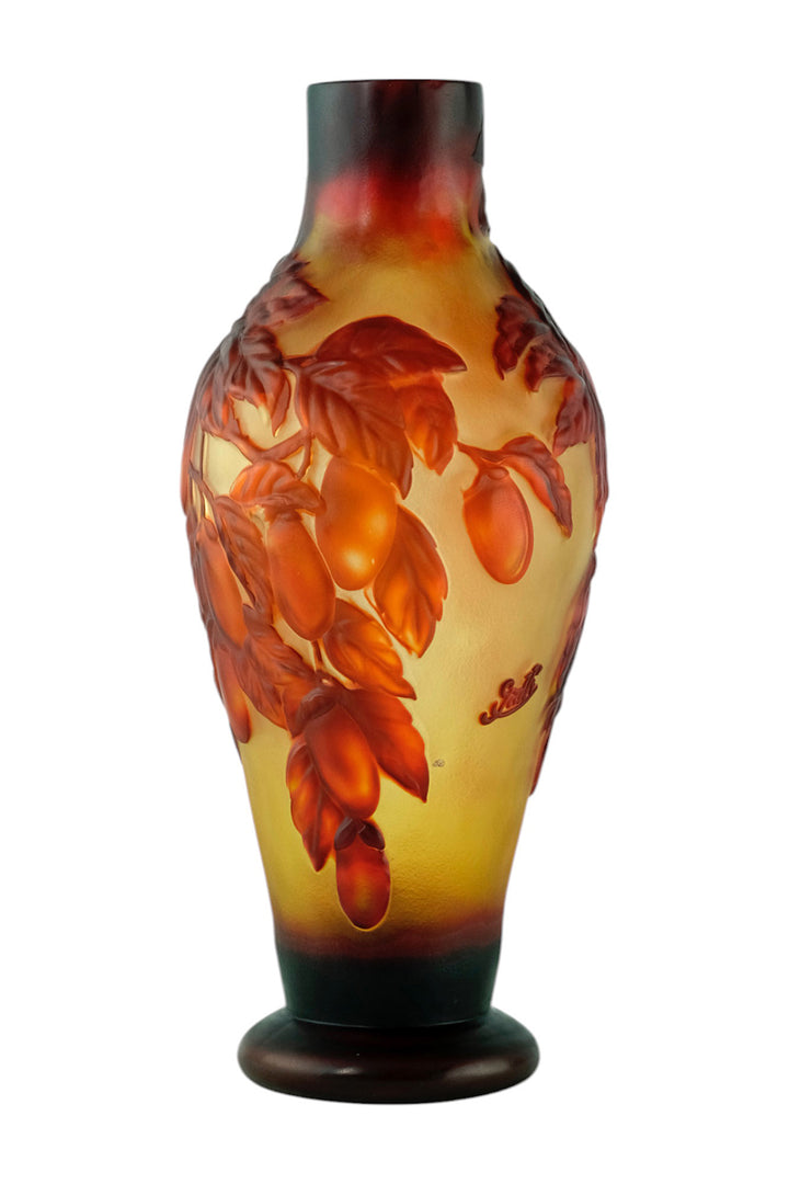Cameo glass vase with prune decoration