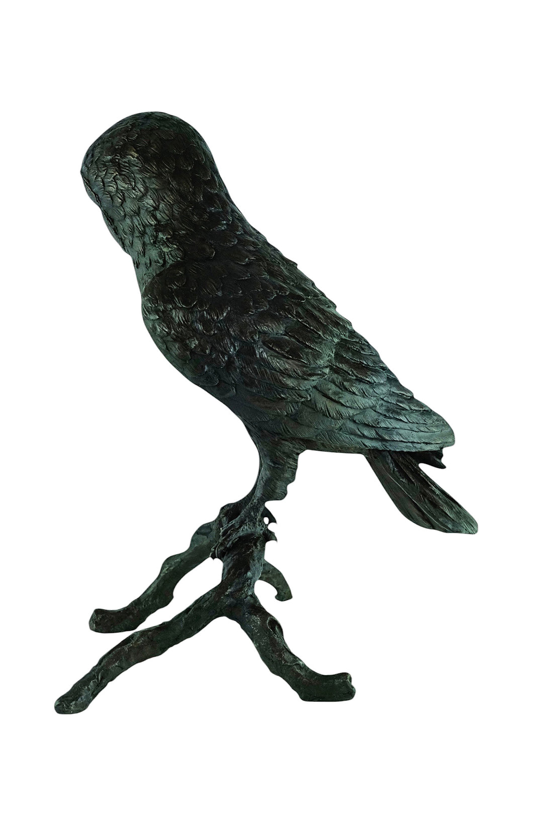 Large bronze sculpture of an owl sitting on a branch
