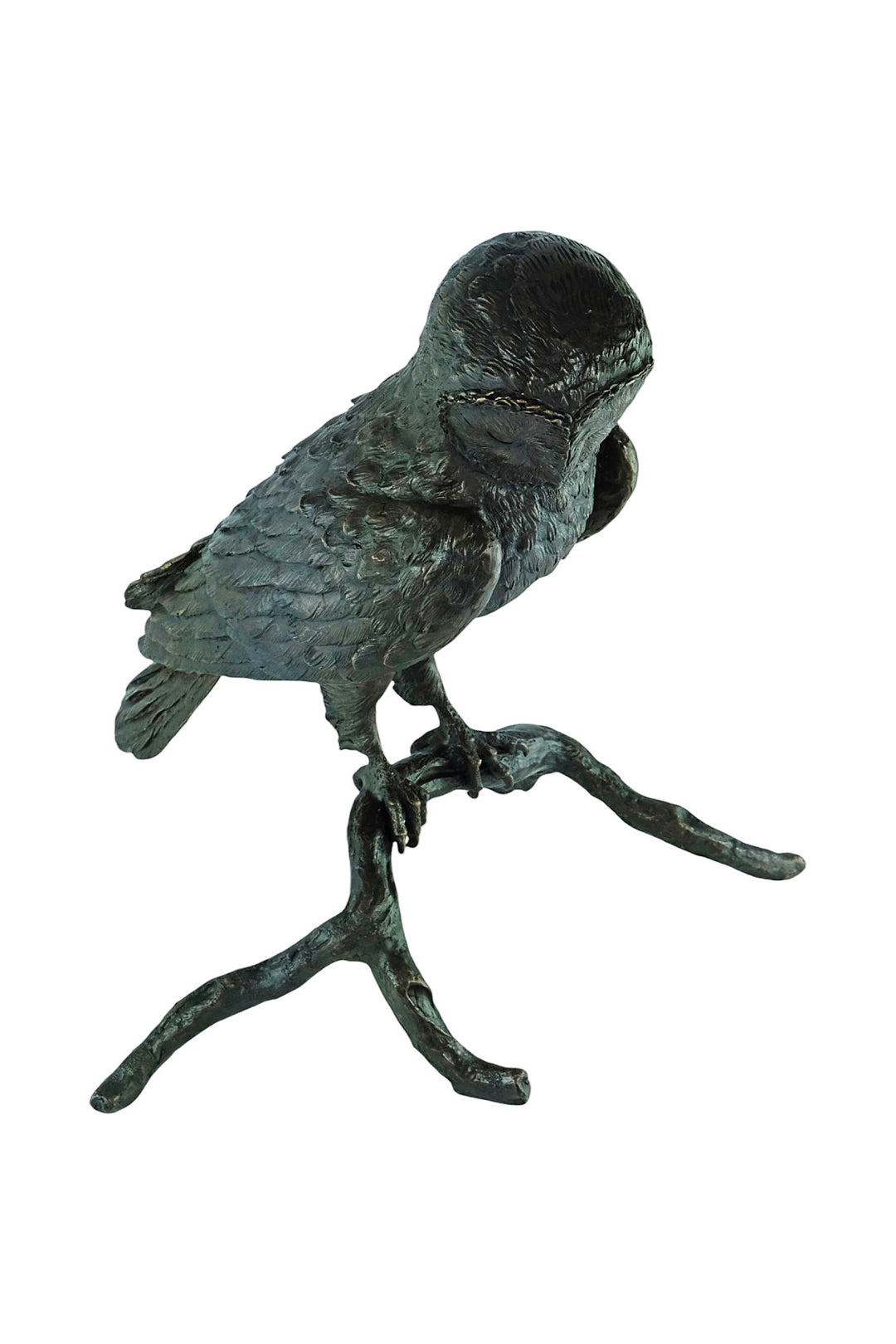Large bronze sculpture of an owl sitting on a branch