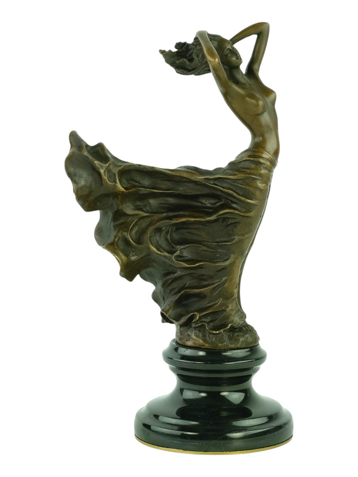 Bronze sculpture of a female in a swirling dress
