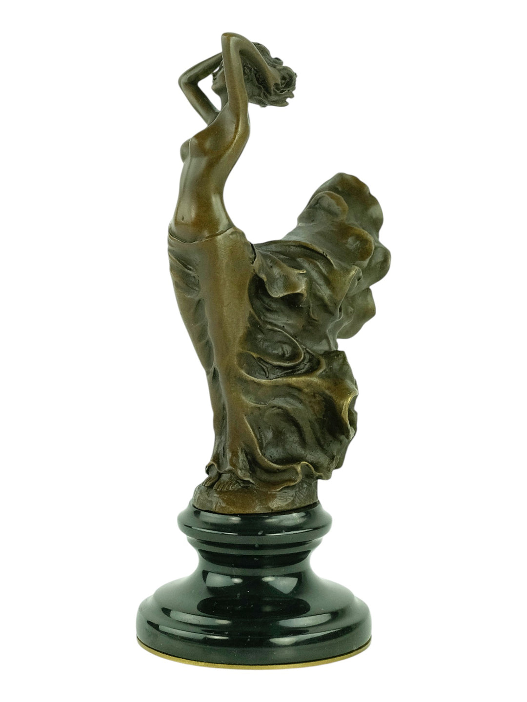 Bronze sculpture of a female in a swirling dress