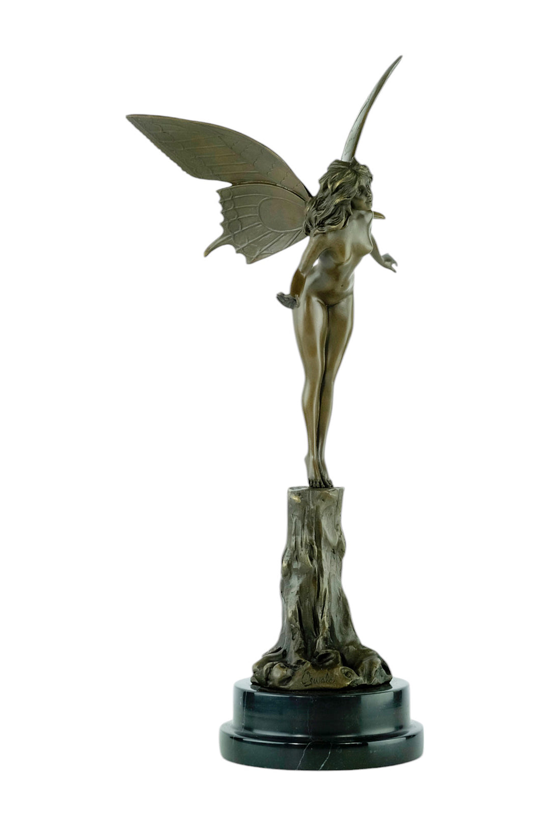 Bronze sculpture of a winged fairy standing on a tree trunk