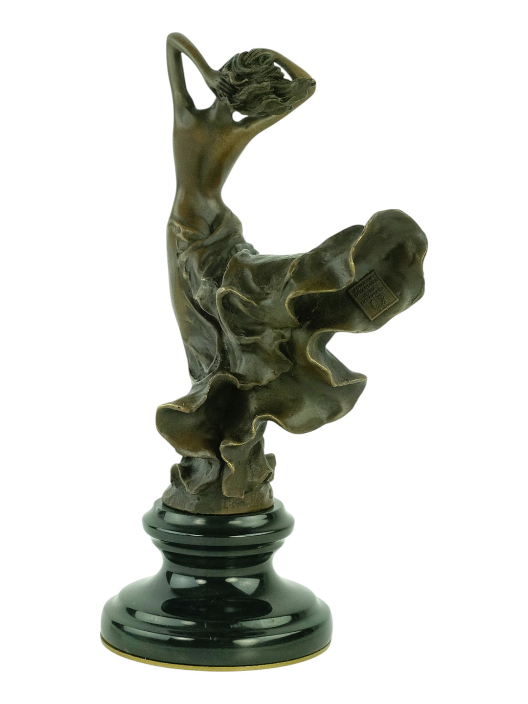 Bronze sculpture of a female in a swirling dress