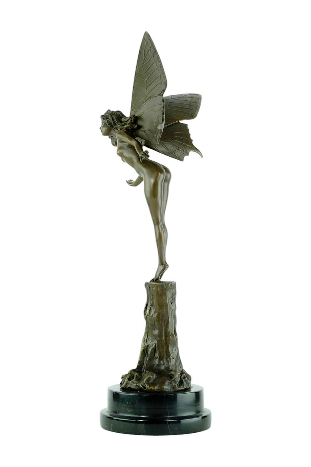 Bronze sculpture of a winged fairy standing on a tree trunk