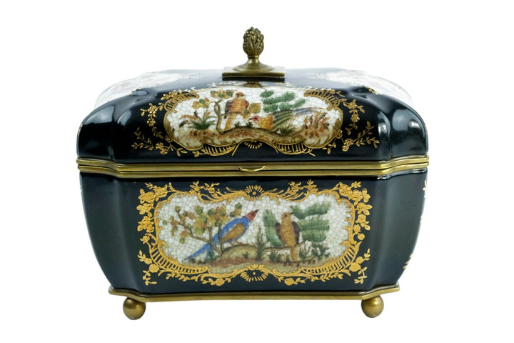 Bronze mounted porcelain tea caddy with bird decoration