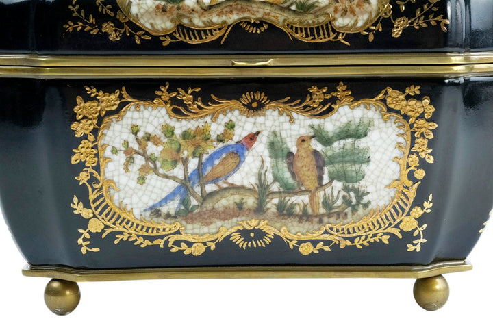 Bronze mounted porcelain tea caddy with bird decoration