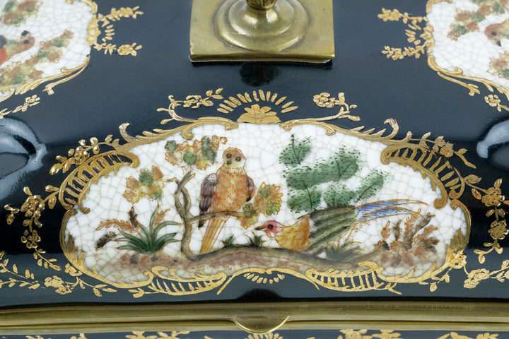 Bronze mounted porcelain tea caddy with bird decoration