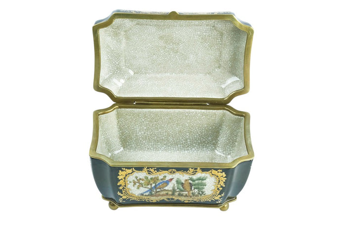 Bronze mounted porcelain tea caddy with bird decoration