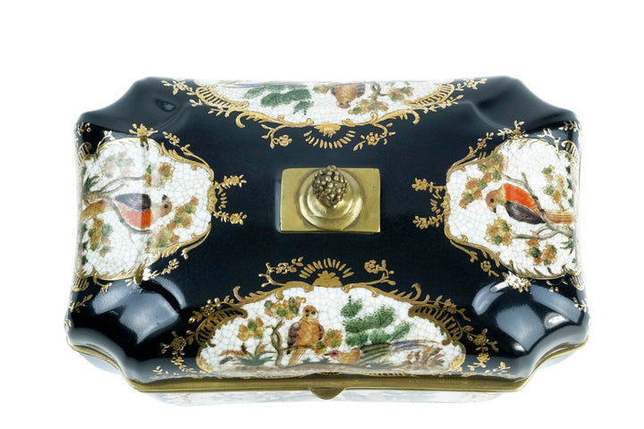 Bronze mounted porcelain tea caddy with bird decoration